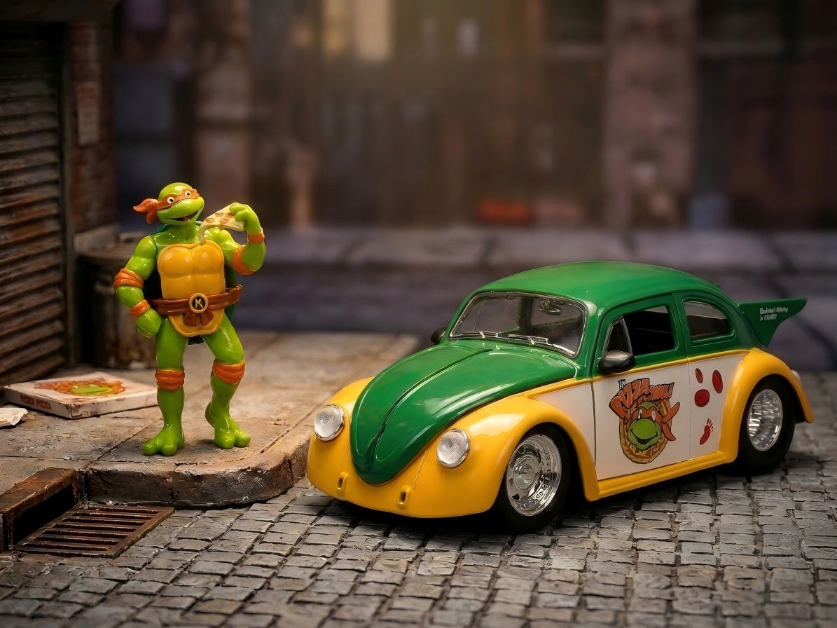 1959 Volkswagen Drag Beetle Green and Yellow and Michelangelo Diecast Figure "Teenage Mutant Ninja Turtles" "Hollywood Rides" Series 1/24 by Jada