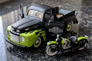1948 Ford F-1 Pickup Truck "Harley Davidson" with 1948 Harley Davidson FL Panhead Motorcycle Black and Green 1/24 by Maisto