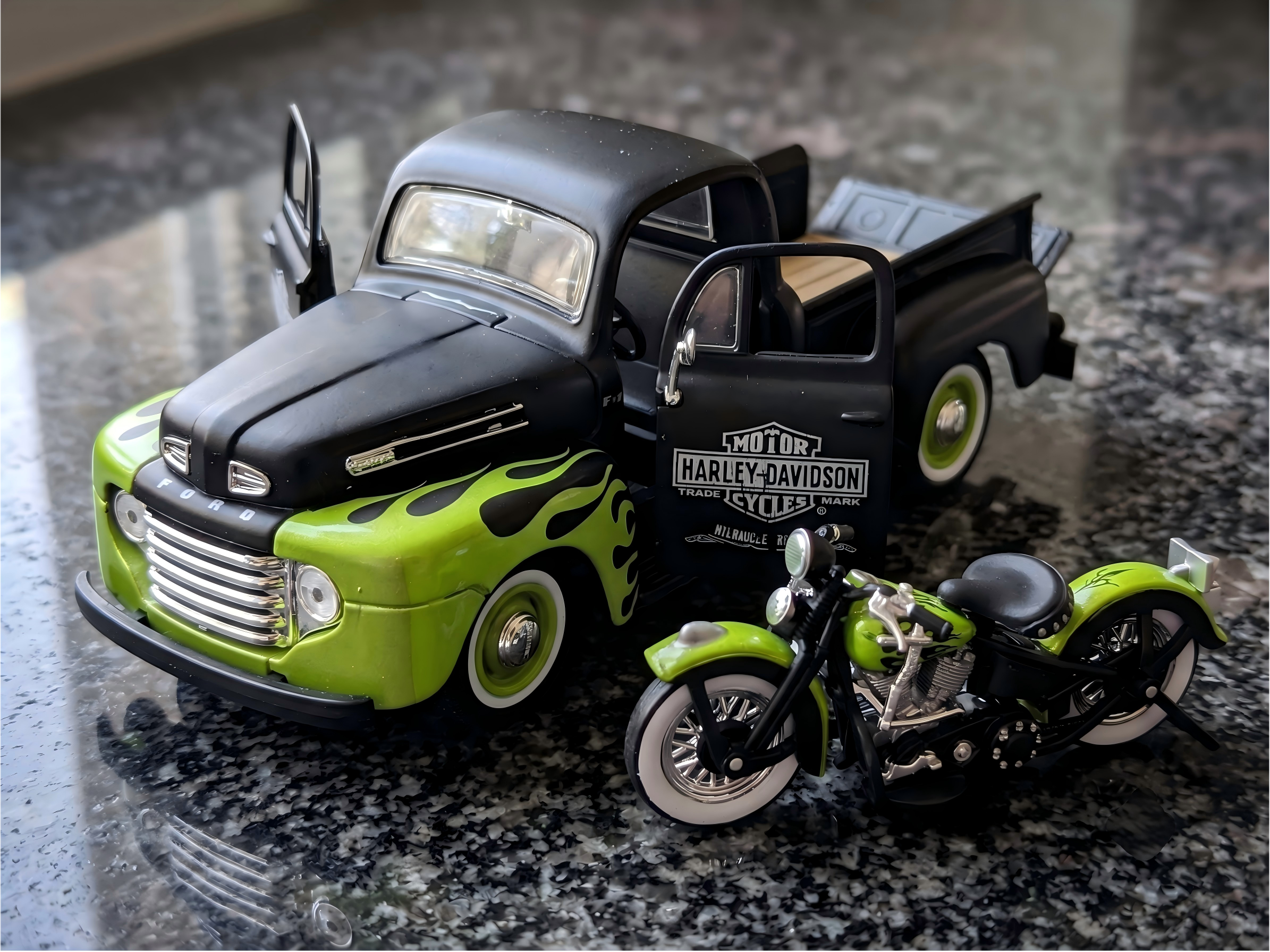 1948 Ford F-1 Pickup Truck "Harley Davidson" with 1948 Harley Davidson FL Panhead Motorcycle Black and Green 1/24 by Maisto