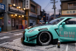 Nissan GT-R (R35) Liberty Walk Body Kit 2.0 RHD (Right Hand Drive) Light Blue with Black Hood and White Stripes "Pink Slips" Series 1/18 by Jada