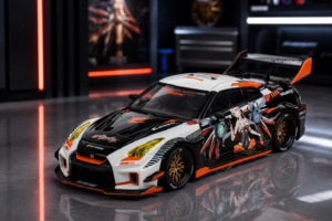 Nissan GT-R (R35) Widebody RHD (Right Hand Drive) Black and White with Graphics "AORUS X INNO64 Limited Edition" 1/64 by Inno Models