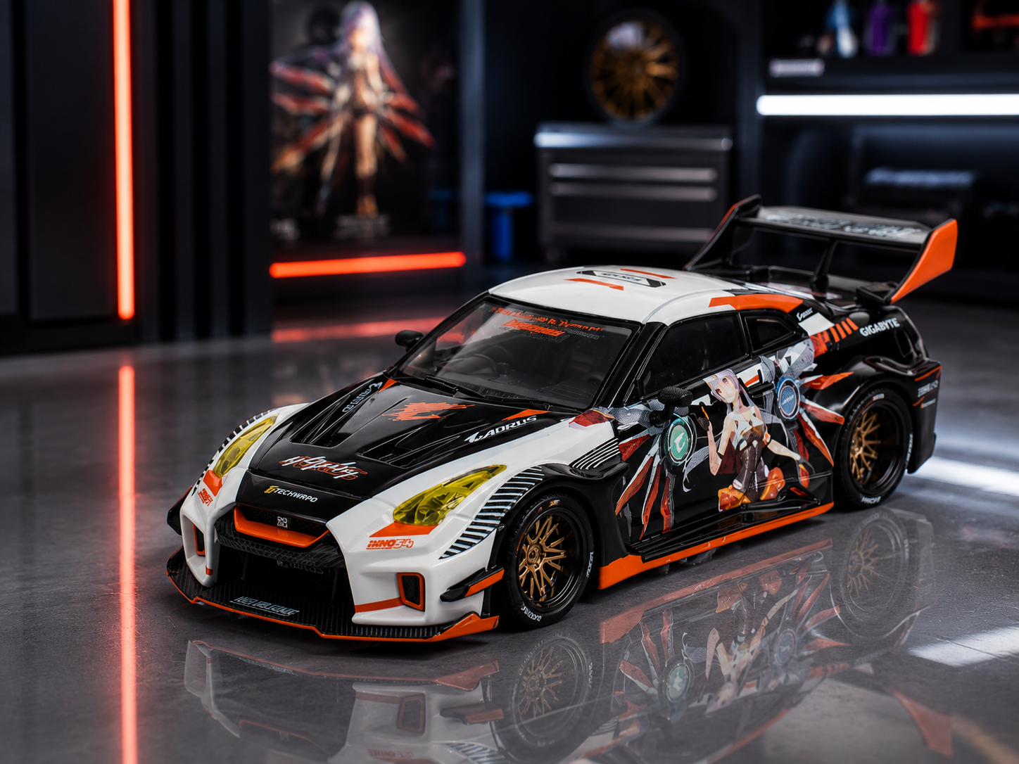 Nissan GT-R (R35) Widebody RHD (Right Hand Drive) Black and White with Graphics "AORUS X INNO64 Limited Edition" 1/64 by Inno Models