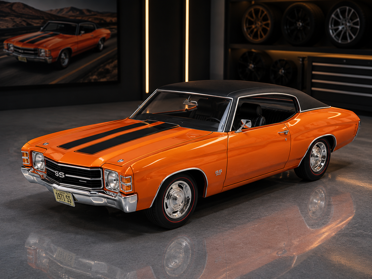1971 Chevrolet Chevelle SS 454 Sport Orange Metallic with Black Top and Black Stripes 1/18 by Maisto