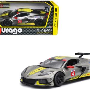 2020 Chevrolet Corvette C8.R #4 Silver Metallic with Yellow Stripes "Race" Series 1/24 Diecast Model Car by Bburago