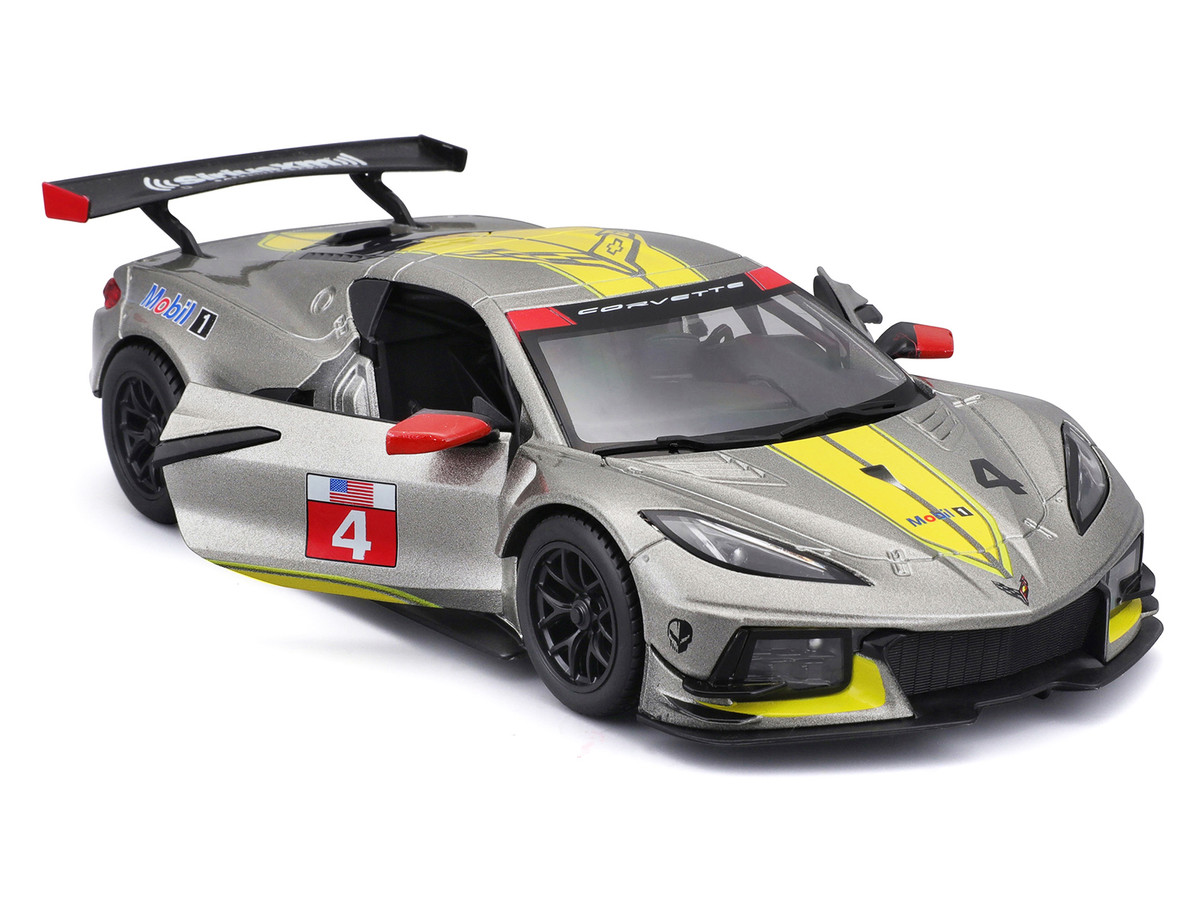 2020 Chevrolet Corvette C8.R #4 Silver Metallic with Yellow Stripes "Race" Series 1/24 Diecast Model Car by Bburago - Image 2