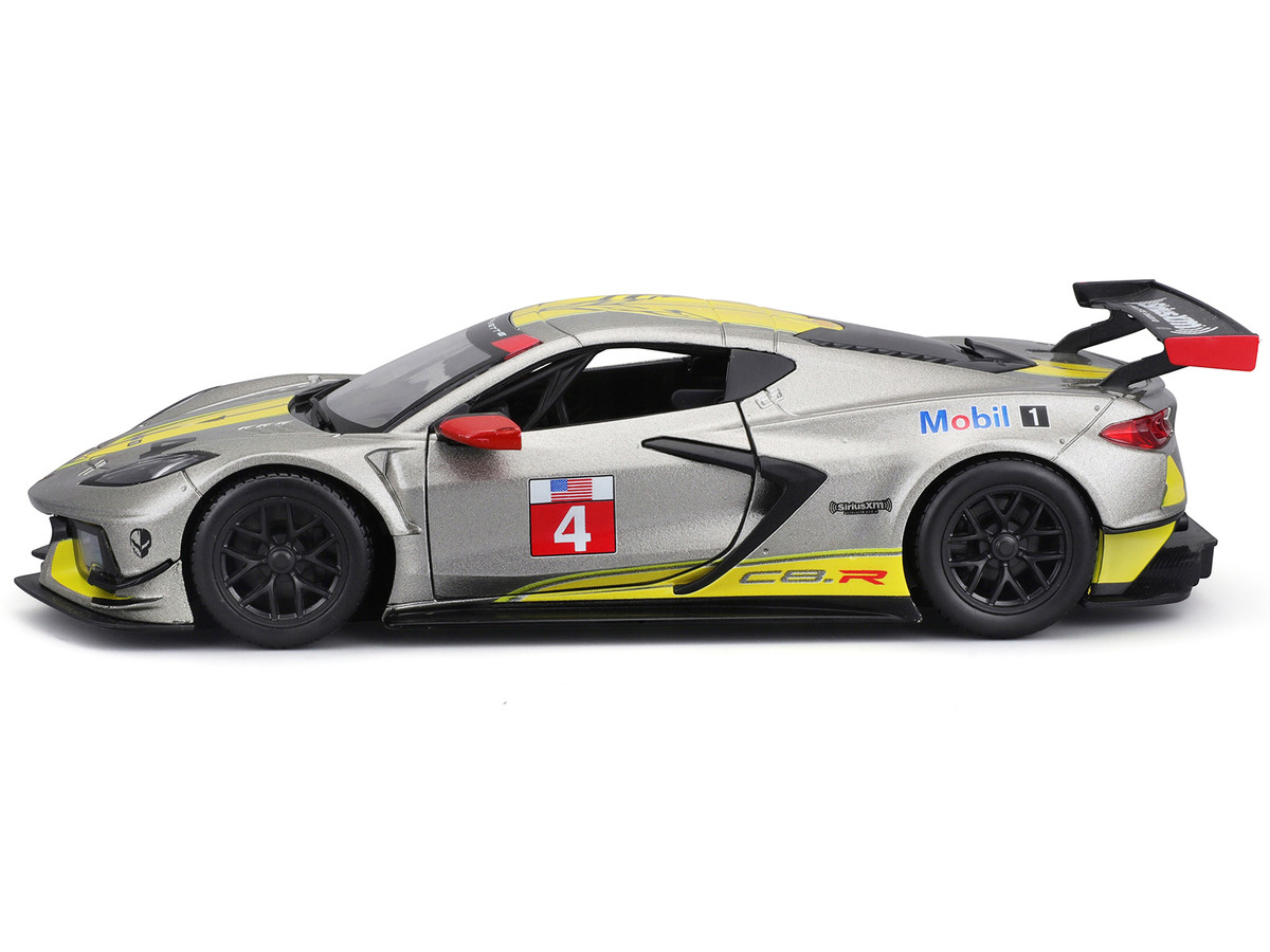 2020 Chevrolet Corvette C8.R #4 Silver Metallic with Yellow Stripes "Race" Series 1/24 Diecast Model Car by Bburago - Image 3