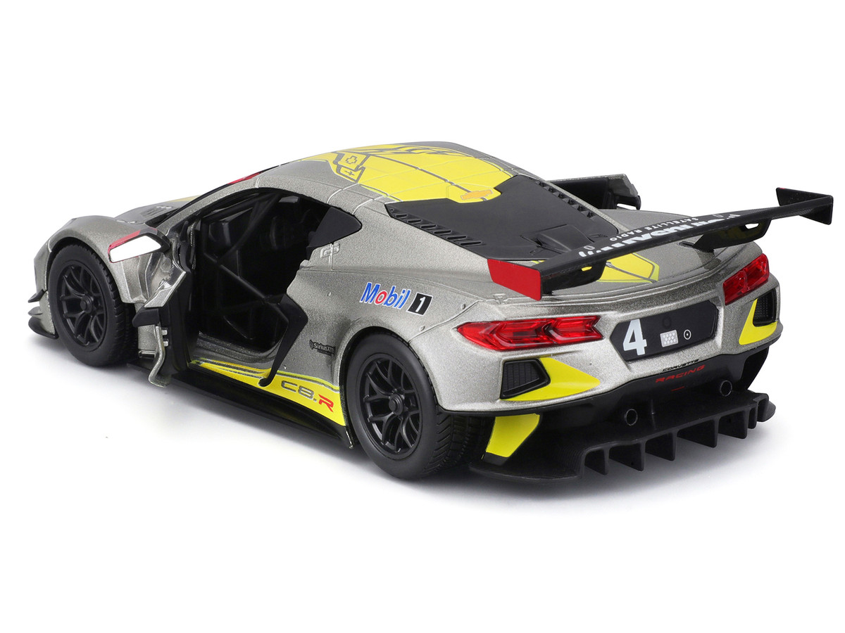 2020 Chevrolet Corvette C8.R #4 Silver Metallic with Yellow Stripes "Race" Series 1/24 Diecast Model Car by Bburago - Image 4