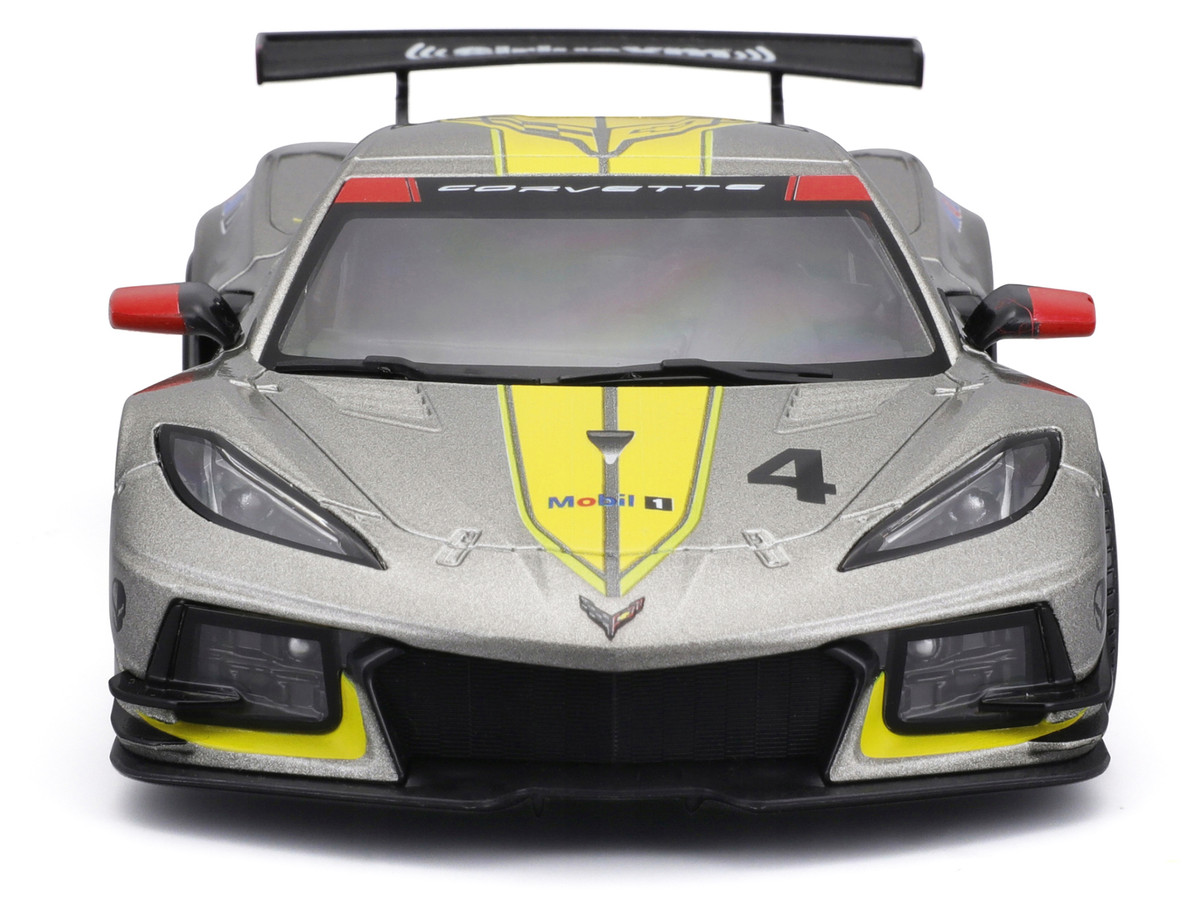 2020 Chevrolet Corvette C8.R #4 Silver Metallic with Yellow Stripes "Race" Series 1/24 Diecast Model Car by Bburago - Image 5