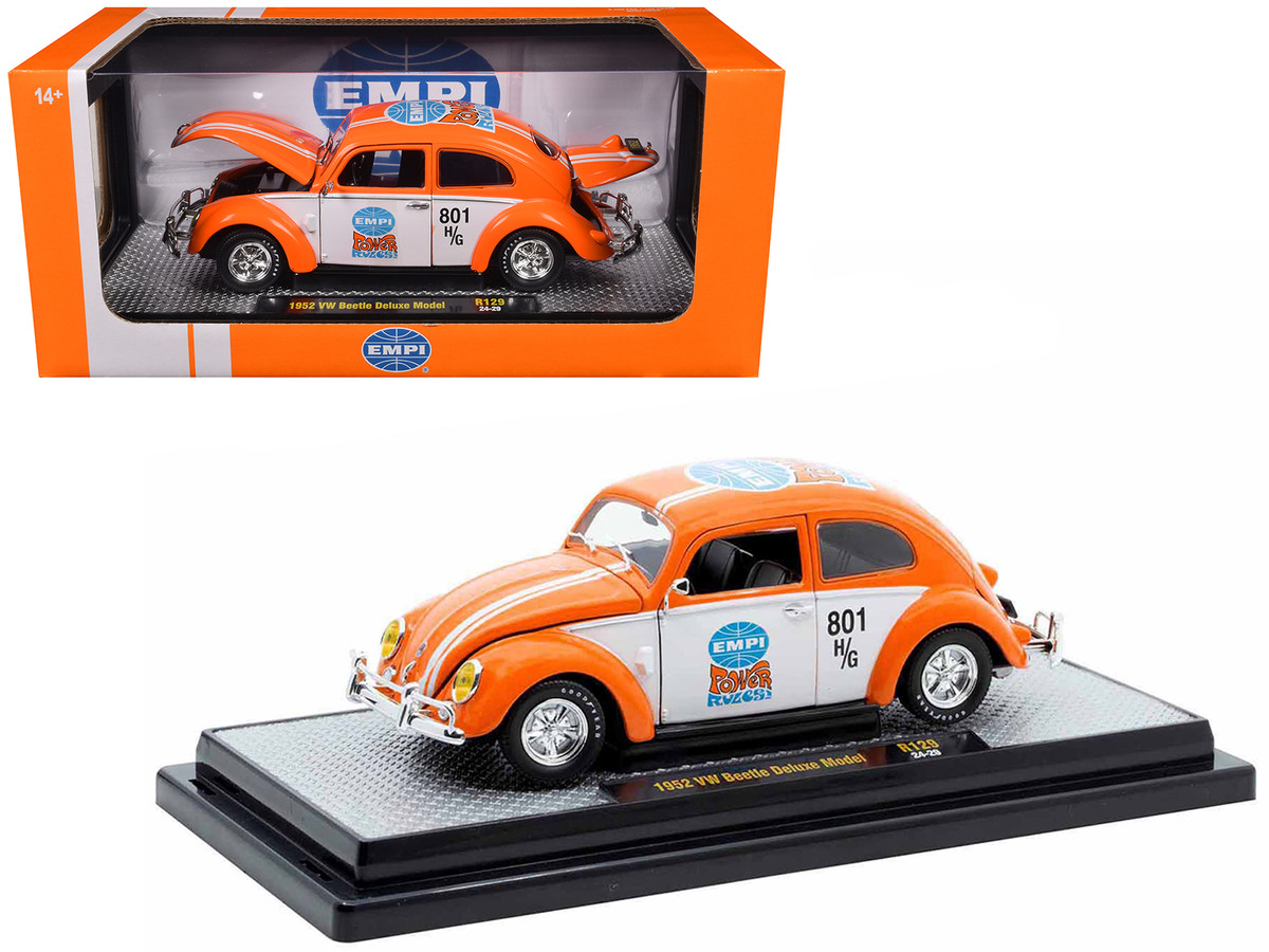 1952 Volkswagen Beetle Deluxe Model Empi Power Rules Orange And White With Graphics Limited Edition To 6650 Pieces Worldwide — 1/24 by M2 Machines