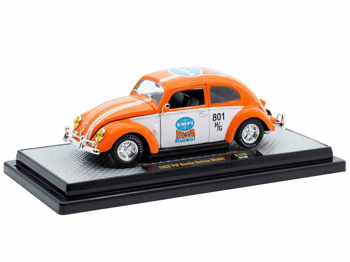 1952 Volkswagen Beetle Deluxe Model Empi Power Rules Orange And White With Graphics Limited Edition To 6650 Pieces Worldwide — 1/24 by M2 Machines - Image 2