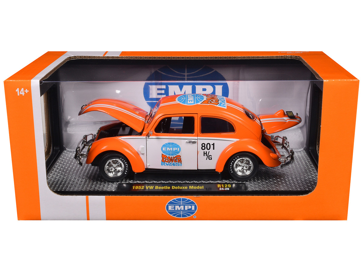 1952 Volkswagen Beetle Deluxe Model Empi Power Rules Orange And White With Graphics Limited Edition To 6650 Pieces Worldwide — 1/24 by M2 Machines - Image 3