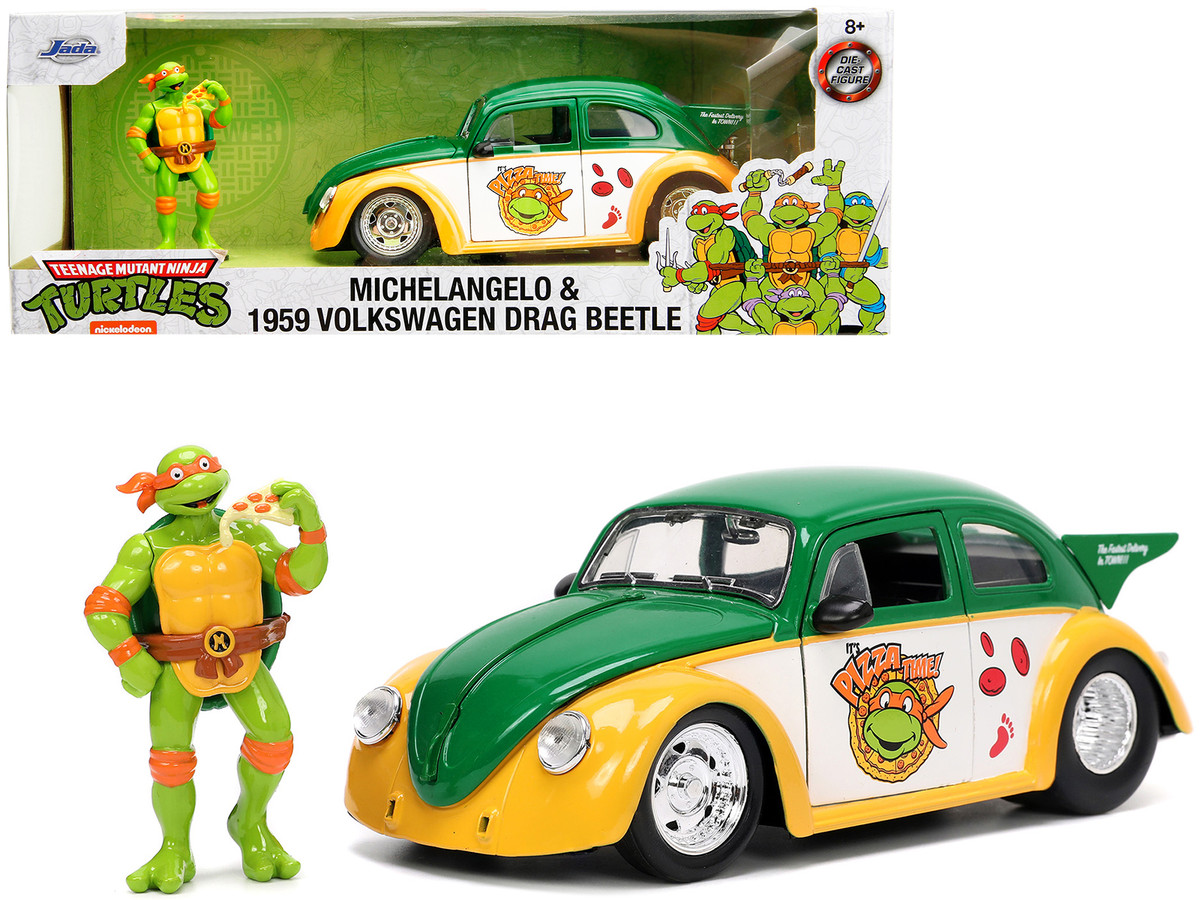 1959 Volkswagen Drag Beetle Green and Yellow and Michelangelo Diecast Figure "Teenage Mutant Ninja Turtles" "Hollywood Rides" Series 1/24 by Jada - Image 6