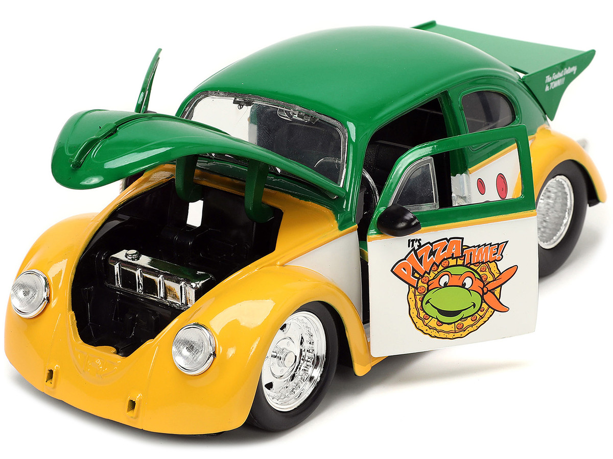 1959 Volkswagen Drag Beetle Green and Yellow and Michelangelo Diecast Figure "Teenage Mutant Ninja Turtles" "Hollywood Rides" Series 1/24 by Jada - Image 2