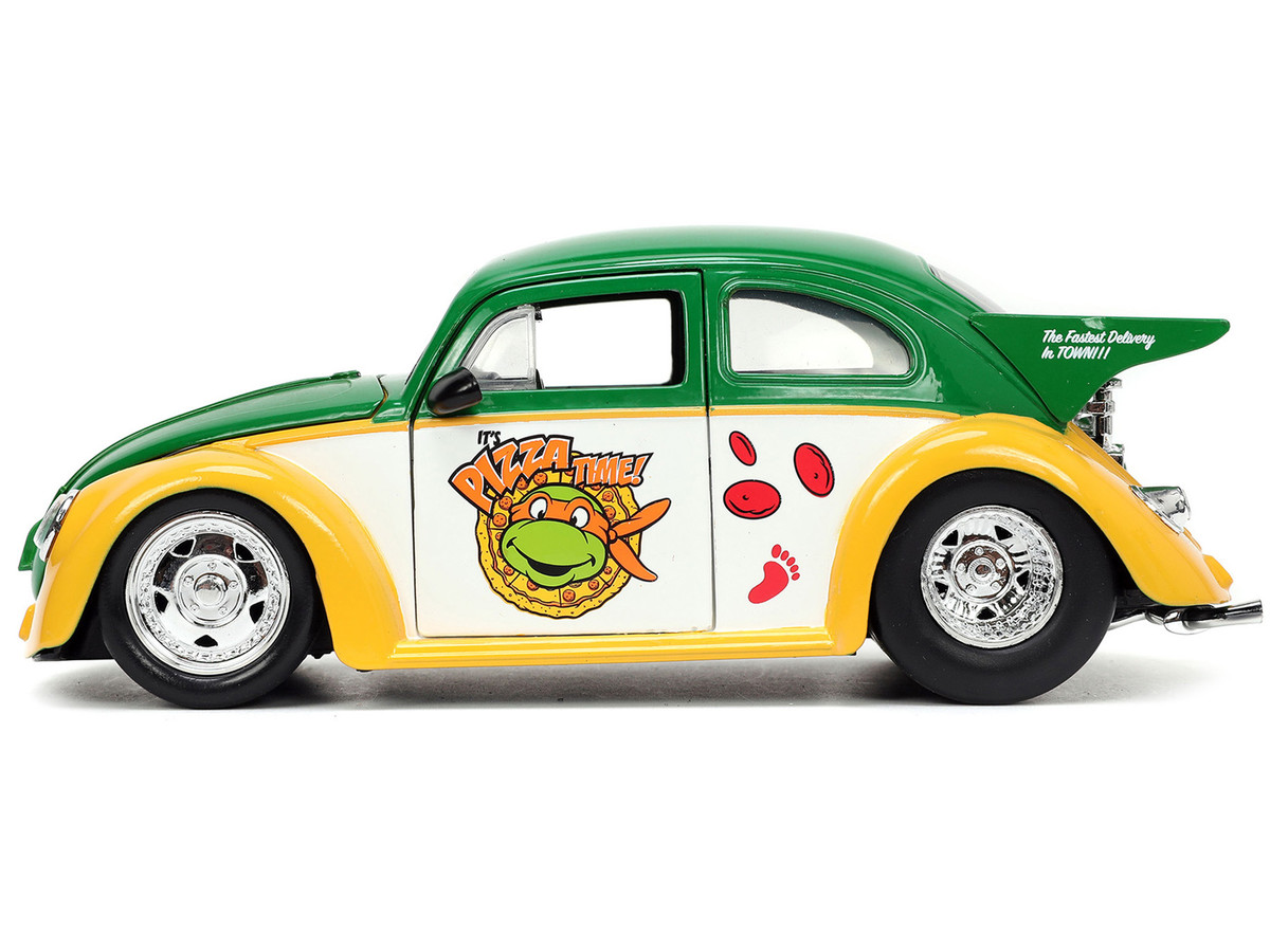 1959 Volkswagen Drag Beetle Green and Yellow and Michelangelo Diecast Figure "Teenage Mutant Ninja Turtles" "Hollywood Rides" Series 1/24 by Jada - Image 3