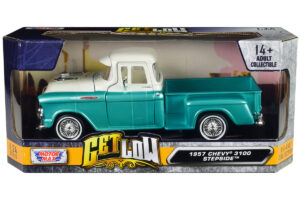 1957 Chevrolet 3100 Stepside Pickup Truck Lowrider Turquoise Metallic and White with White Interior "Get Low" Series 1/24 by Motormax