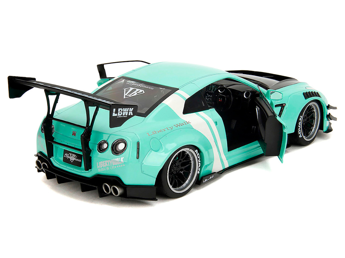 Nissan GT-R (R35) Liberty Walk Body Kit 2.0 RHD (Right Hand Drive) Light Blue with Black Hood and White Stripes "Pink Slips" Series 1/18 by Jada - Image 5