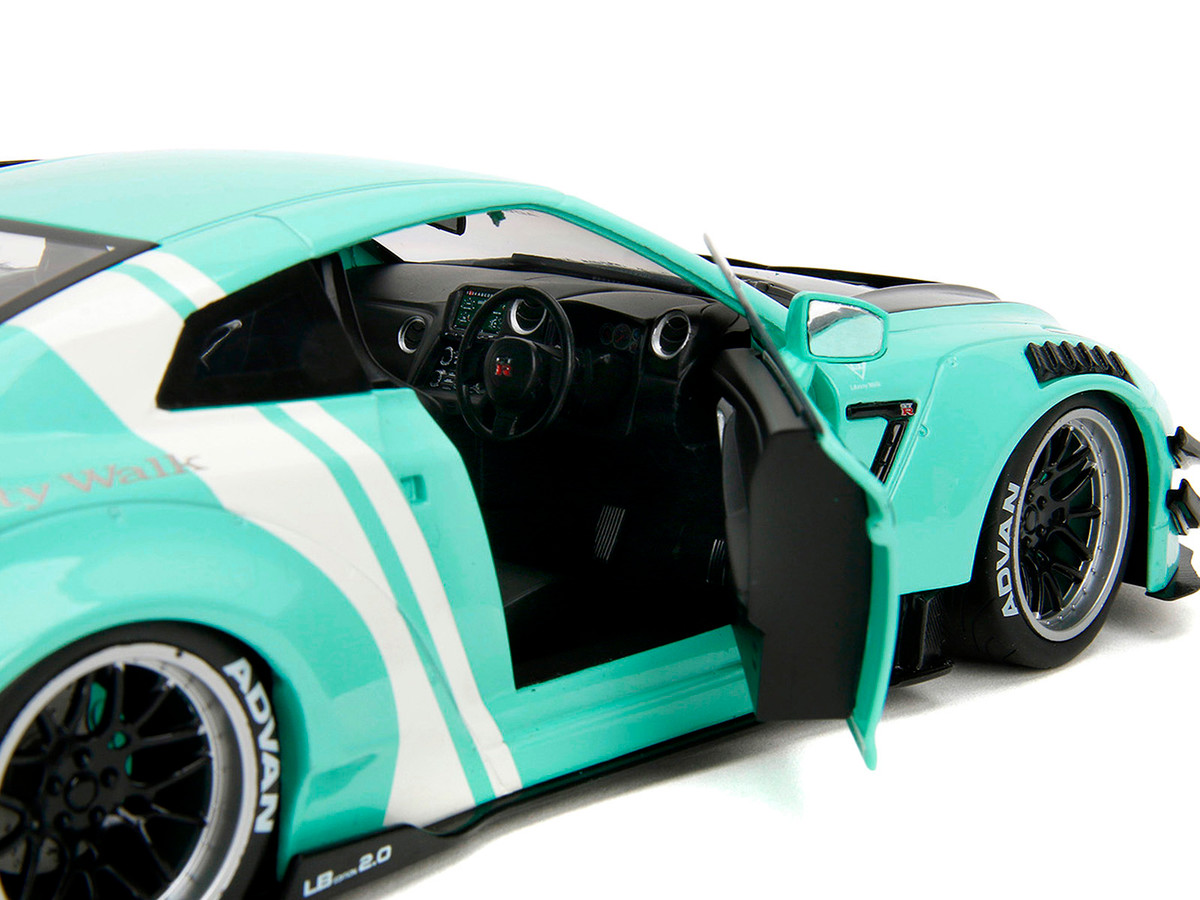 Nissan GT-R (R35) Liberty Walk Body Kit 2.0 RHD (Right Hand Drive) Light Blue with Black Hood and White Stripes "Pink Slips" Series 1/18 by Jada - Image 2