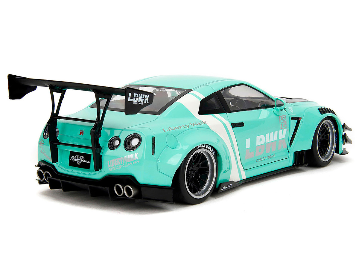 Nissan GT-R (R35) Liberty Walk Body Kit 2.0 RHD (Right Hand Drive) Light Blue with Black Hood and White Stripes "Pink Slips" Series 1/18 by Jada - Image 3