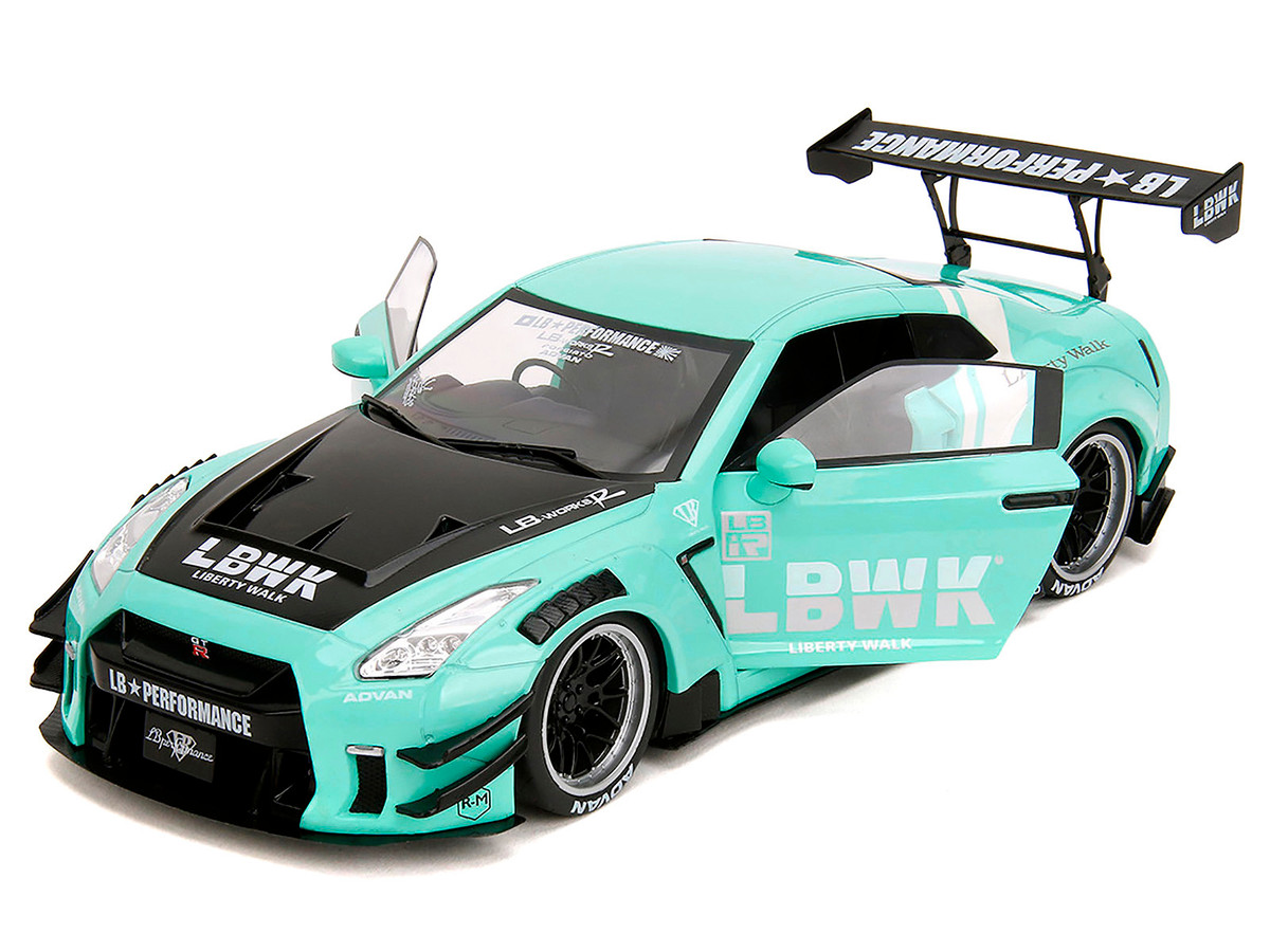 Nissan GT-R (R35) Liberty Walk Body Kit 2.0 RHD (Right Hand Drive) Light Blue with Black Hood and White Stripes "Pink Slips" Series 1/18 by Jada - Image 4