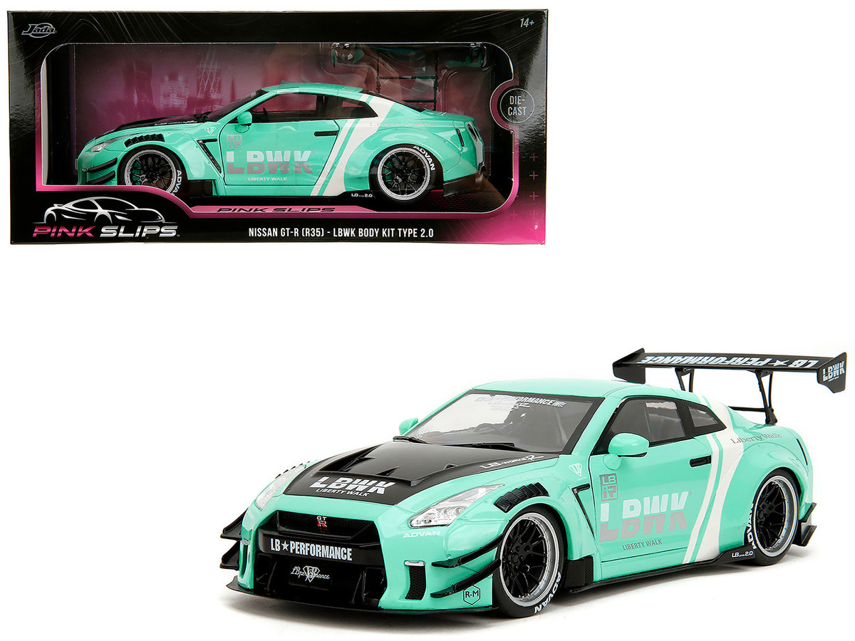 Nissan GT-R (R35) Liberty Walk Body Kit 2.0 RHD (Right Hand Drive) Light Blue with Black Hood and White Stripes "Pink Slips" Series 1/18 by Jada - Image 6
