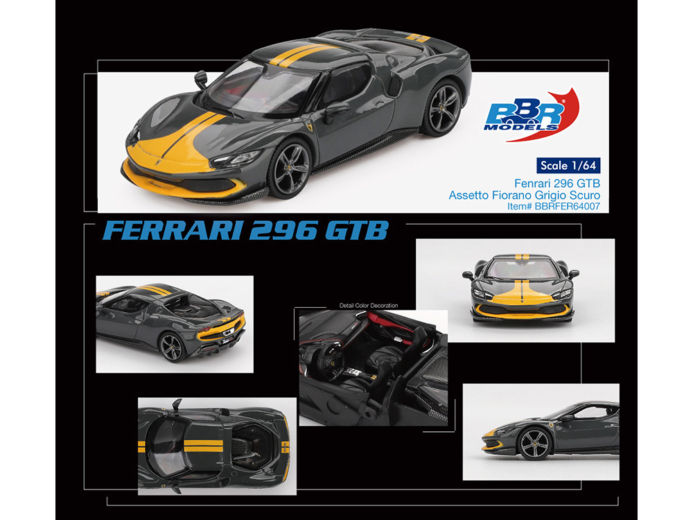Ferrari 296 GTB Assetto Fiorano Grigio Scuro (Dark Gray) with Yellow Stripes 1/64 by BBR - Image 3