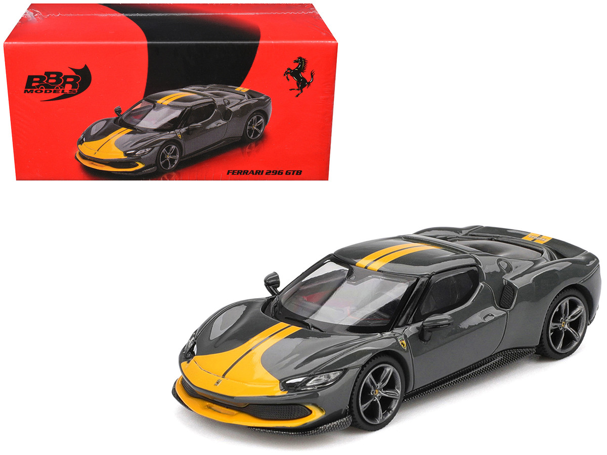 Ferrari 296 GTB Assetto Fiorano Grigio Scuro (Dark Gray) with Yellow Stripes 1/64 by BBR - Image 4
