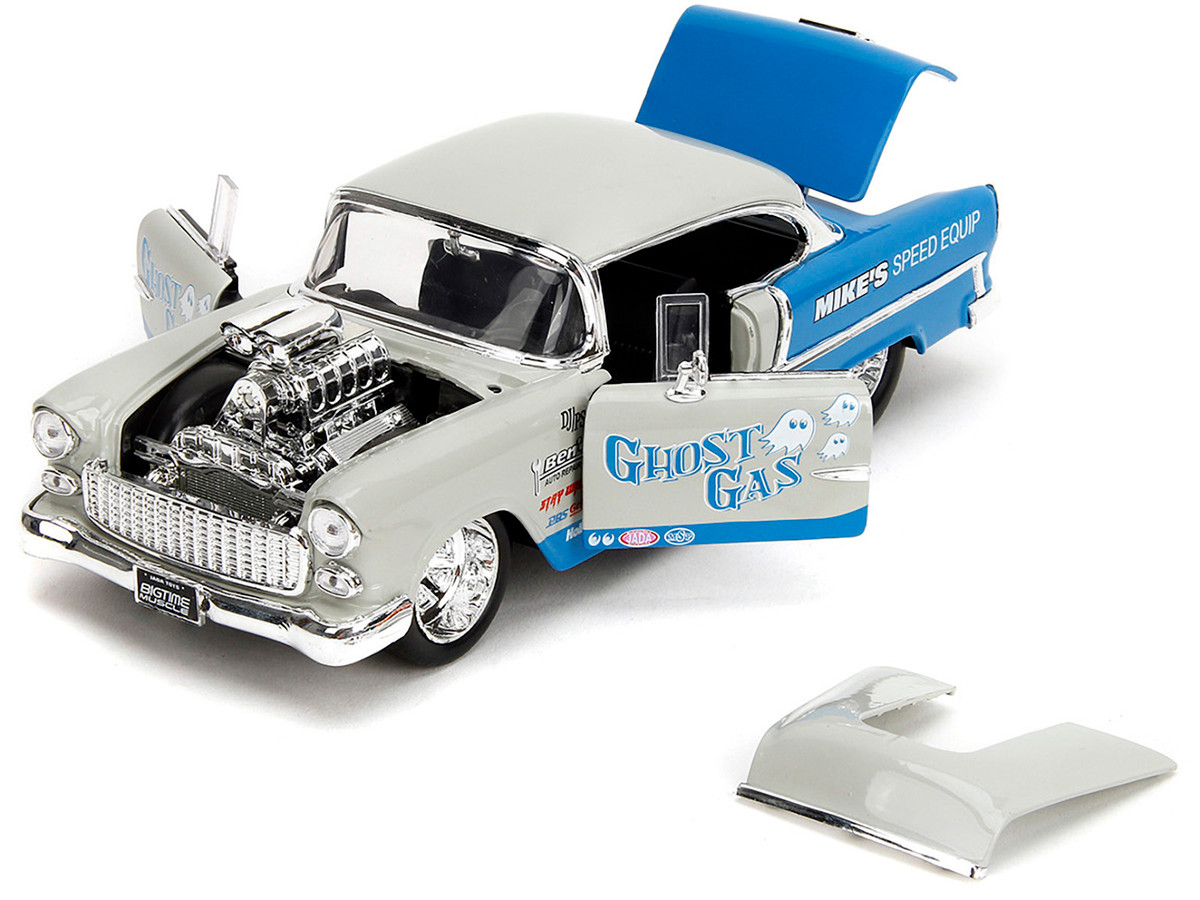 1955 Chevrolet Bel Air "Ghost Gas - Mike's Speed Equip" Light Gray and Blue "Bigtime Muscle" Series 1/24 by Jada - Image 3