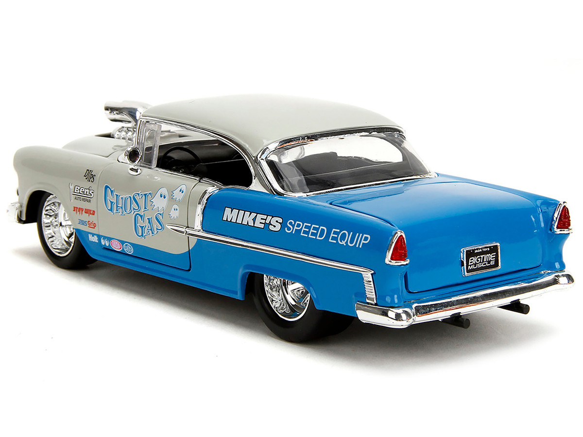 1955 Chevrolet Bel Air "Ghost Gas - Mike's Speed Equip" Light Gray and Blue "Bigtime Muscle" Series 1/24 by Jada - Image 4