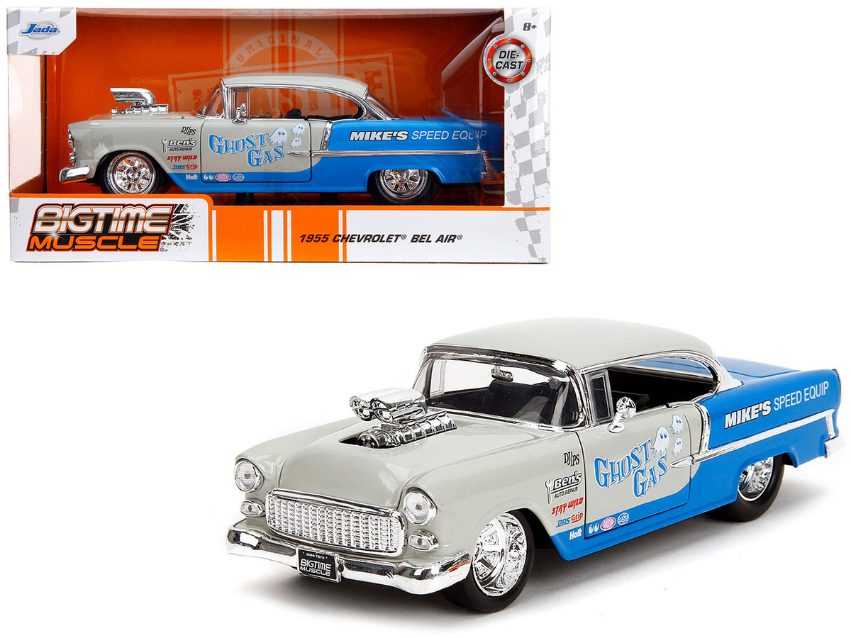 1955 Chevrolet Bel Air "Ghost Gas - Mike's Speed Equip" Light Gray and Blue "Bigtime Muscle" Series 1/24 by Jada - Image 5