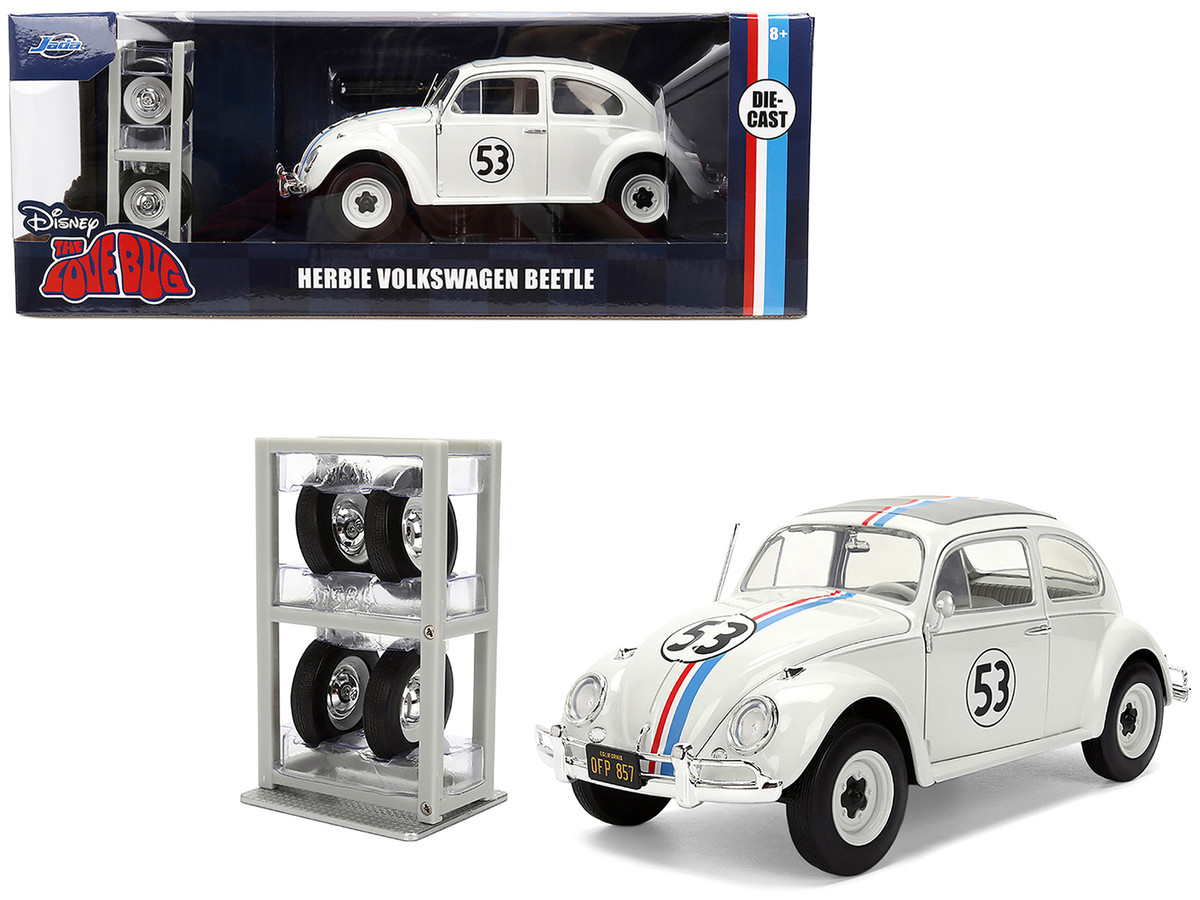 Volkswagen Beetle #53 "Herbie" White with Stripes "The Love Bug" (1968) Movie with Extra Wheels 1/24 by Jada