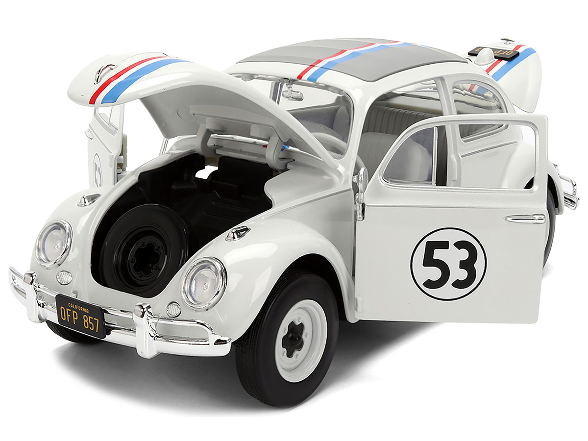 Volkswagen Beetle #53 "Herbie" White with Stripes "The Love Bug" (1968) Movie with Extra Wheels 1/24 by Jada - Image 2