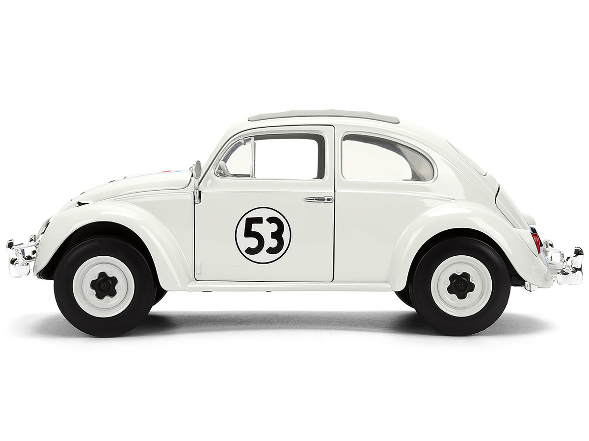 Volkswagen Beetle #53 "Herbie" White with Stripes "The Love Bug" (1968) Movie with Extra Wheels 1/24 by Jada - Image 3