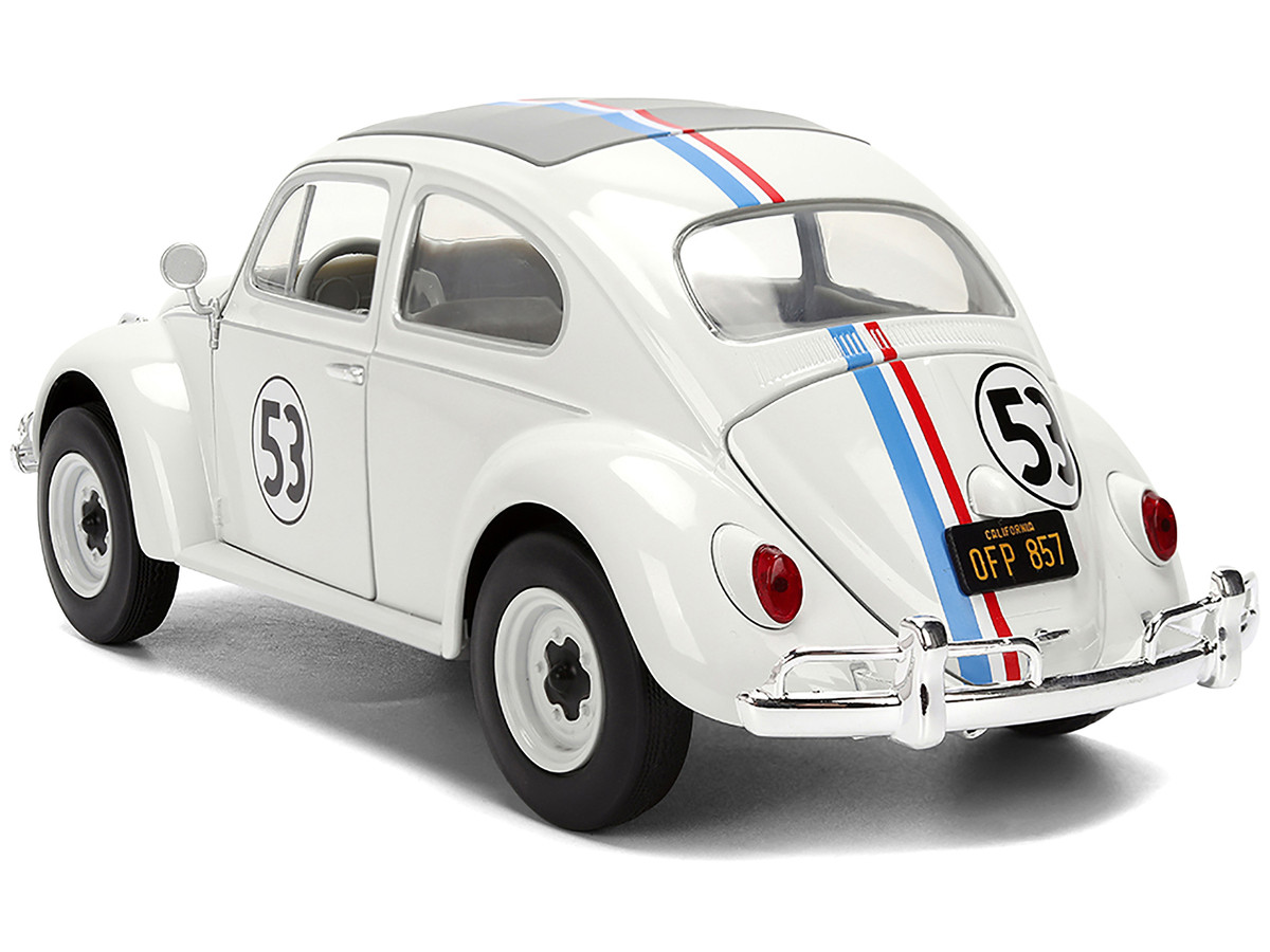 Volkswagen Beetle #53 "Herbie" White with Stripes "The Love Bug" (1968) Movie with Extra Wheels 1/24 by Jada - Image 5