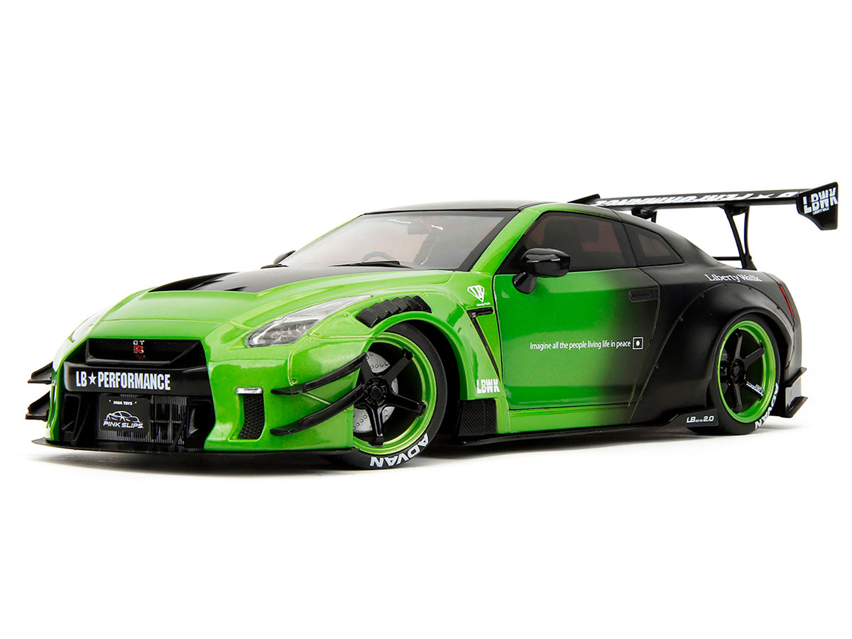 Nissan GT-R (R35) Liberty Walk Body Kit 2.0 RHD (Right Hand Drive) Green and Matt Black "Pink Slips" Series 1/18 by Jada