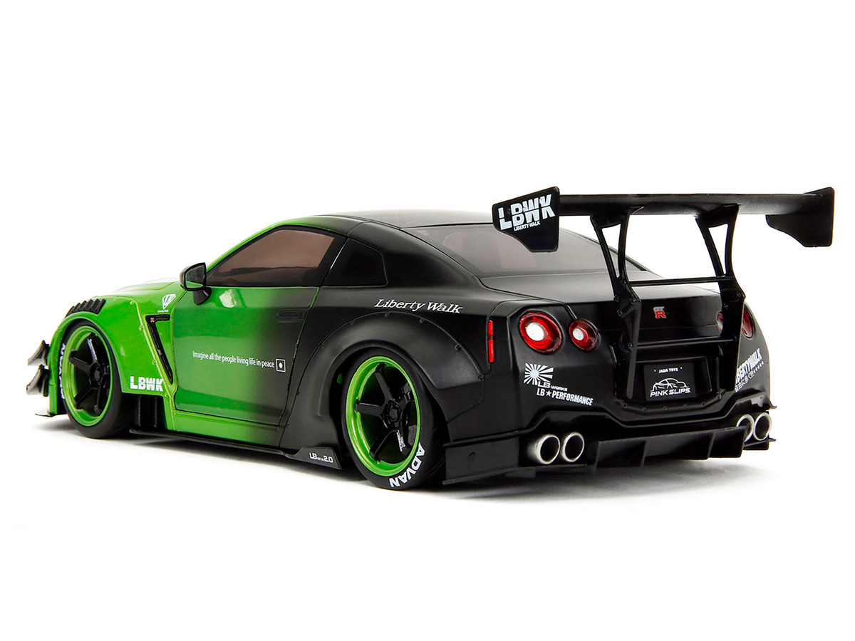 Nissan GT-R (R35) Liberty Walk Body Kit 2.0 RHD (Right Hand Drive) Green and Matt Black "Pink Slips" Series 1/18 by Jada - Image 3