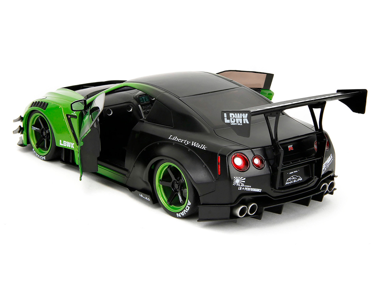 Nissan GT-R (R35) Liberty Walk Body Kit 2.0 RHD (Right Hand Drive) Green and Matt Black "Pink Slips" Series 1/18 by Jada - Image 4