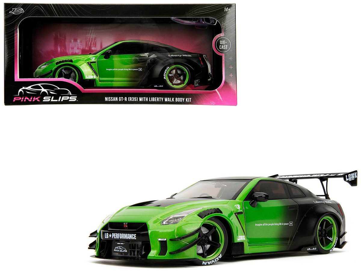 Nissan GT-R (R35) Liberty Walk Body Kit 2.0 RHD (Right Hand Drive) Green and Matt Black "Pink Slips" Series 1/18 by Jada - Image 5