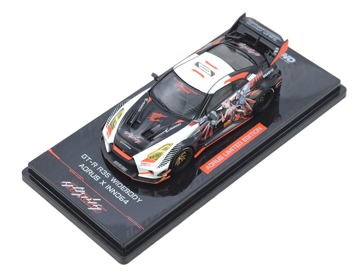 Nissan GT-R (R35) Widebody RHD (Right Hand Drive) Black and White with Graphics "AORUS X INNO64 Limited Edition" 1/64 by Inno Models - Image 3
