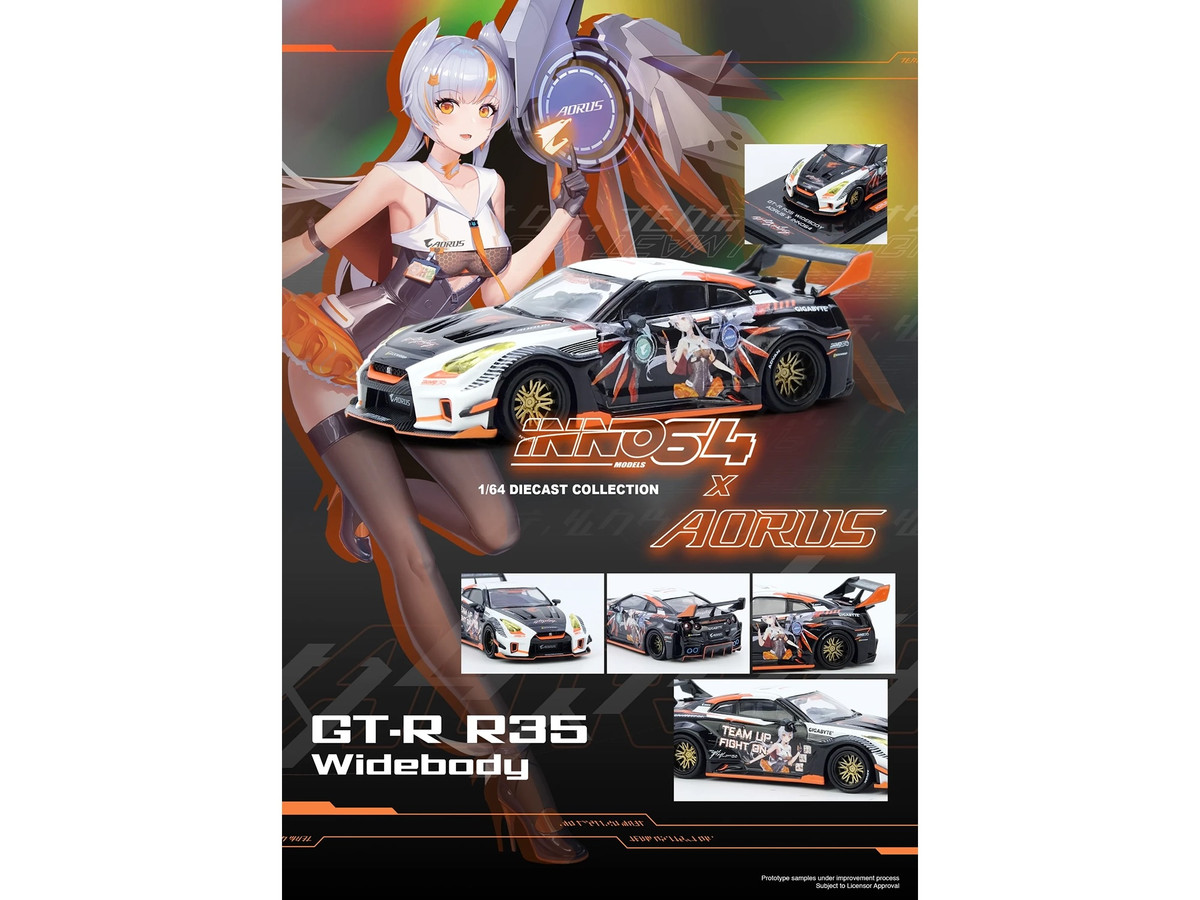 Nissan GT-R (R35) Widebody RHD (Right Hand Drive) Black and White with Graphics "AORUS X INNO64 Limited Edition" 1/64 by Inno Models - Image 4