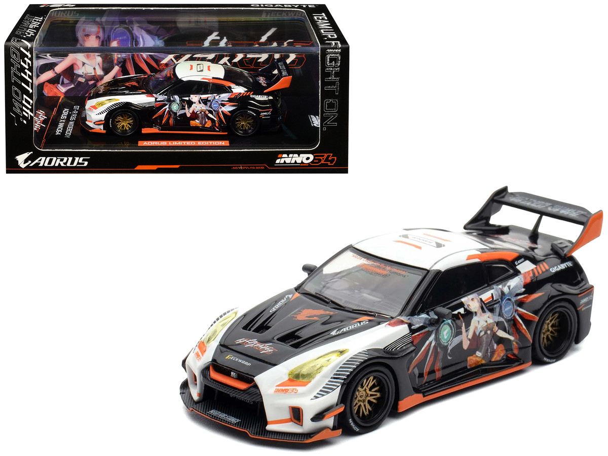 Nissan GT-R (R35) Widebody RHD (Right Hand Drive) Black and White with Graphics "AORUS X INNO64 Limited Edition" 1/64 by Inno Models - Image 6