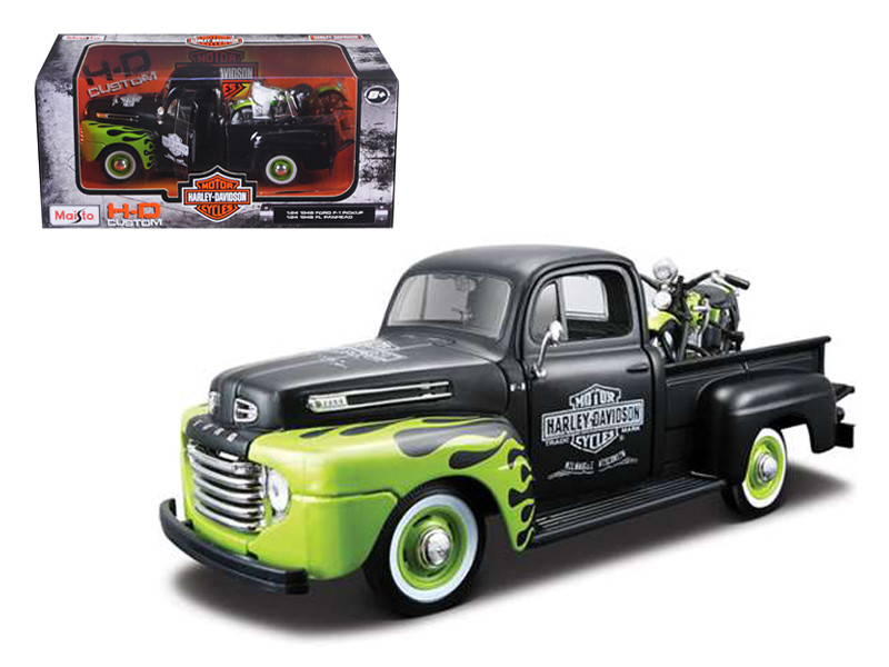 1948 Ford F-1 Pickup Truck "Harley Davidson" with 1948 Harley Davidson FL Panhead Motorcycle Black and Green 1/24 by Maisto - Image 4