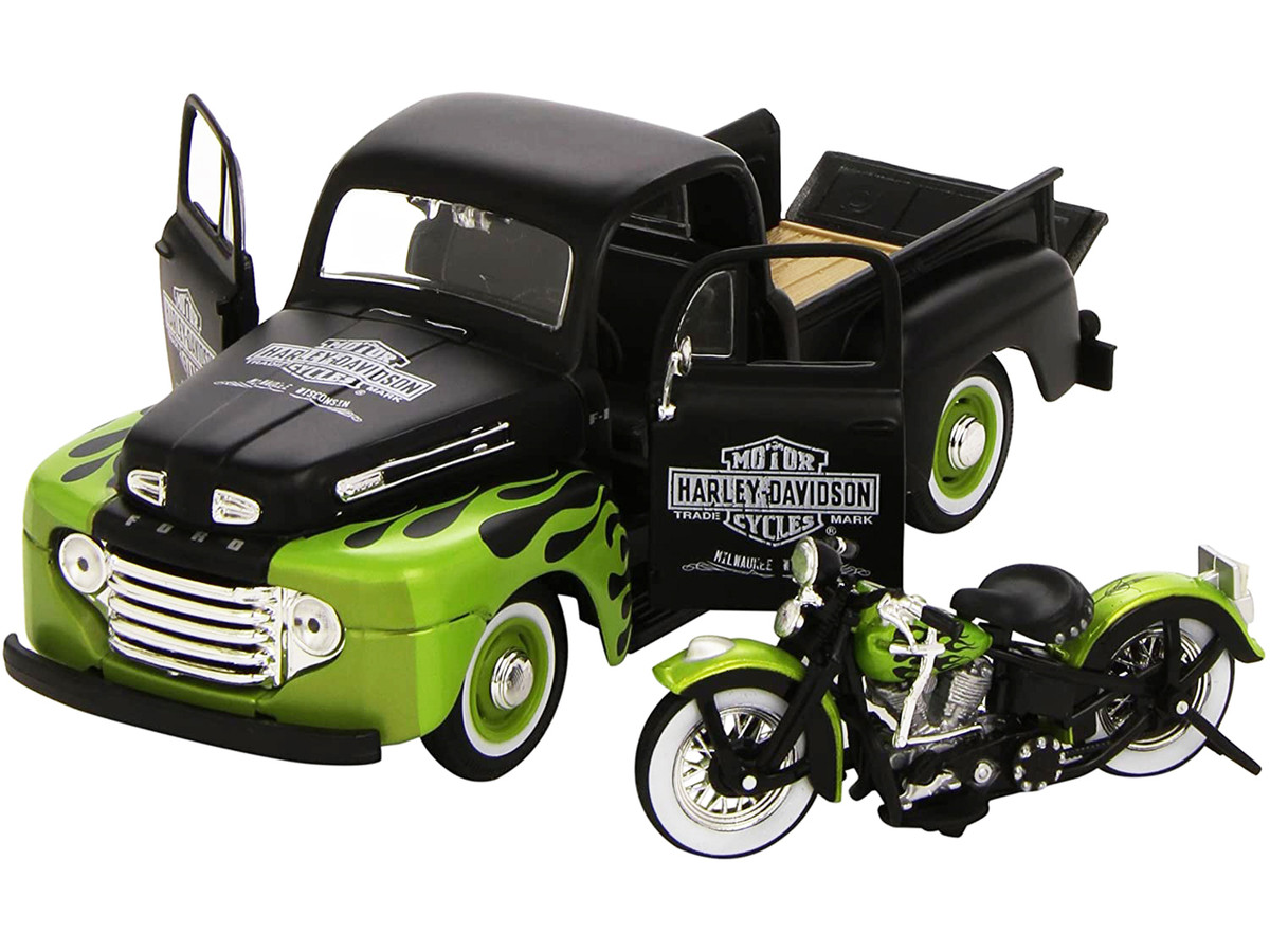 1948 Ford F-1 Pickup Truck "Harley Davidson" with 1948 Harley Davidson FL Panhead Motorcycle Black and Green 1/24 by Maisto - Image 2