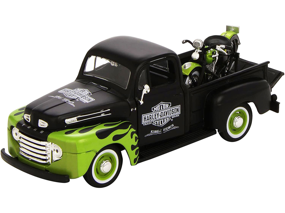 1948 Ford F-1 Pickup Truck "Harley Davidson" with 1948 Harley Davidson FL Panhead Motorcycle Black and Green 1/24 by Maisto - Image 3
