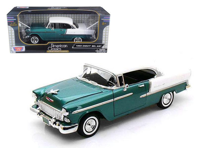 1955 Chevrolet Bel Air Hard Top Green Metallic and White 1/18 by Motormax