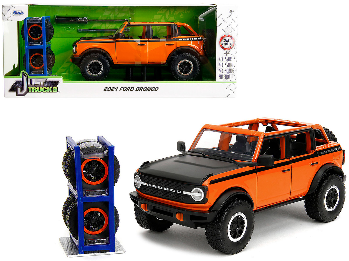 2021 Ford Bronco Open-Top Orange with Black Stripes and Hood with Extra Wheels "Just Trucks" Series 1/24 by Jada - Image 5